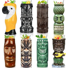 SuproBarware Tiki kausi Glāzes 8 keramikas Tiki kokteiļu glāžu komplekts Havaju stila kokteiļu kausi Exotic Cute Tropical Cocktail Glasses Drinks Creative Tiki Cup Gift (8 gab. komplekts)