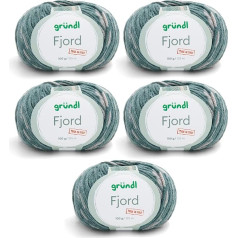 Gründl Fjord Wool Ražots Itālijā (52% Merino vilnas, 48% mikrošķiedra, 5 x 100 g/125 m, adatu izmērs: 5 mm - 6 mm), gaiši pelēks, pudeļu zaļš