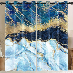 MIRRORANG Deep Blue Marble Blackout aizkari, zelta tintes drukas raksts, aizkari, aptumšojoši logu aizkari, termoizolācijas aizkari dzīvojamai istabai, 2 paneļu komplekts, 117 x 229 cm