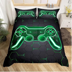 Loussiesd Gamer gultas veļa 135 x 200 cm Bērnu zēnu meitenes Gamer Controller sega segu Gaming Bērnu gultas veļas komplekts zaļš melns Honeycomb mūsdienu ģeometrijas gultas veļa Gamepad Honeycomb Print