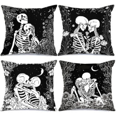 Tucocoo Dekoratīvie spilvenu pārvalki Cilvēka skelets 18 x 18 collu 4 gabali galvaskauss Skull The Kissing Lovers Gothic Style Black and White Square Cushion Covers for Sofa Bed Home Decoration