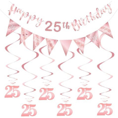 25 Geburtstag Dekoration Kit für Frauen, Happy 25th Birthday Banner Wimpelkette Wirbel Luftschlangen, Dreieck Flagge Banner für Geburtstag Party Dekorationen Supplies Roségold 25