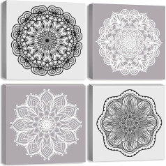 Mandala Wall Art Decor - 12x12 collu Lotus Flower Canvas Art - 4 gabalu Marokas Boho Print Pictures Set - melnā un baltā ziedu raksts ierāmētas mākslas darbi dzīvojamā istaba joga guļamistaba virtuve mājas dekori