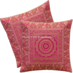 DK Homewares Etniskie dekoratīvie spilvenu pārvalki uz dīvāna 40 x 40 cm Brokāta žakarda spilvenu pārvalki Brocade Magenta Brocade Jacquard Cushion Covers Home Zip Mandala Square Bohemian Cushion Covers - komplekts no 2 (tikai pārvalks)