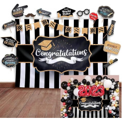 Congratulations Graduation Background - Noble Black, White and Gold Theme Photography Fabric and Studio Props DIY Kit Great as Photo Stand Party Supplies and Prom Banner Decorations