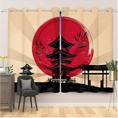 SDOTPMT 107 x 160 cm Retro Japānas tempļa logu aizkars Sarkana saule Āzijas ēku ainava Ukiyo-E tēma Logu apstrāde Siltumizolācija guļamistabai, 2 gab.