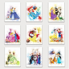 DERMAN HOUS Princess Wall Art Decor, akvareļu apdruka - komplekts 9x10 collas - princeses guļamistabas dekori, princeses istabas dekori, princeses sienas dekori meiteņu guļamistabai