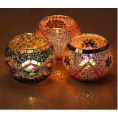 Belle Vous Oriental Tea Light Glass Set for Votive Candles & Tea Lights (Pack of 3) - W 10.2 x H 7.8 cm - Colourful Mosaic Tea Light Glasses - For Aromatherapy Gift, Home & Wedding Table Decoration