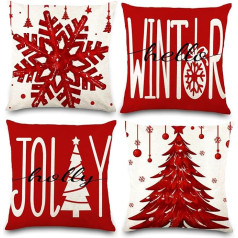 DIYDEC 4 x Weihnachts-Kissenbezüge, 45,7 x 45,7 cm, Leinen, roter Weihnachtsbaum, Schneeflocke, Überwurf-Kissenbezüge für Weihnachten, Innenbereich, Zuhause, Wohnzimmer, Sofa, Dekorationen