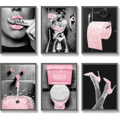 Luodroduo Fashion Wall Art Vannas istabas dekori izdruku komplekts no 6 rozā Glam Glitter auduma auduma kanvas plakāti Pictures Pictures Photos Vannas istabas mākslas darbi Sienas melnbalts Modern Women Funny Bathroom (8 x 10 collas)