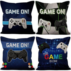 Aoihrraan 46 x 46 cm, 4 dekoratīvo spilvenu pārvalku komplekts Gamer Slogans Gamepad Blue Square Dekoratīvais spilvens izgatavots no lina Boys Gaming Room Sofa Decor Game Player Guļamistaba Ziemassvētku dāvanas