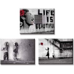 Piy Painting Street Graffiti Art Girl with Red Balloon Life is Beautiful Art Print on Canvas, Photo Canvas and Art Prints on Wall Decoration for Living Room Kitchen 30 x 40 cm Set of 3