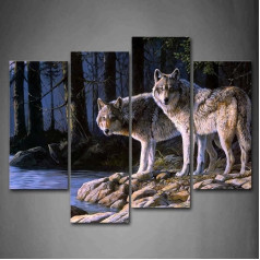 Wolf Tier Bilder Leinwand 4 Teilig Bild Wolf im Wald Fluss Wandbilder Wohnzimmer Moderne für Schlafzimmer Dekoration Wohnung Home Deko Kunstdruck