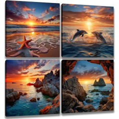 BLUE RED CYAN Beach Decor Canvas Wall Art - 4 paneļi ierāmētas Jūras okeāna glezna Seascape Over Double Dolphin Saullēkts un saulriets Smilšaina pludmales ainava Pictures