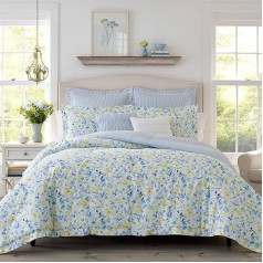 Laura Ashley Home Reversible kokvilnas sega Cover Set ieskaitot atbilstošas spilvendrānas ar bonusu Euro spilvendrānas un spilvendrānas Queen Size Nora Blue/Yellow/White