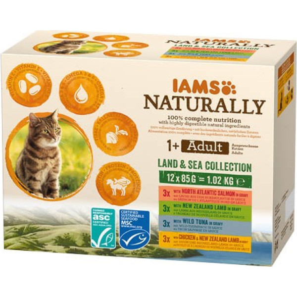 Iams natural adult jūras un gaļas garšas komplekts 12x85g kaķis