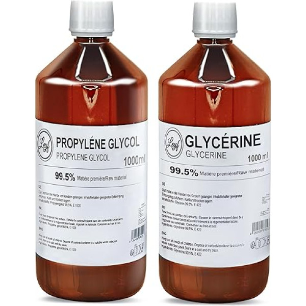 Leyf 1000 ml Glycerol E422 + 1000 ml Propylene Glycol E1520, Perfect for DIY, Pharmaceutical Grade Purity, Food Grade, Raw Material VG + PG, Pure, Vegan, Ph. Eur/USP