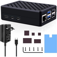 Geeekpi Raspberry Pi 5 alumīnija korpuss ar USB-C barošanas bloku 27 W, Raspberry Pi 5 bruņu korpuss ar pasīvo dzesēšanu, 27 W 5 V 5 A USB-C barošanas bloks Raspberry Pi 5 4GB/8GB