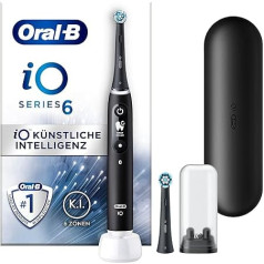 Oral-B iO Series 6 elektriskā zobu birste, 2 rezerves zobu birstes galviņas, 5 tīrīšanas režīmi zobu kopšanai, displeja un ceļojuma futrālis, izstrādājis Braun, Black Lava