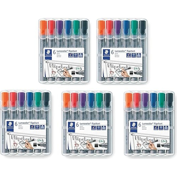 Staedtler Lumocolor 356 B WP6 flipchart marķieris, ar kaltu galu, aptuveni 2 vai 5 mm platas līnijas, 6 krāsu komplekts (6 iepakojumi (5x))