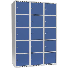 kaiserkraft | Schließfachschrank Fydor | 5 Fächer | lichtgrau/brillantblau | B 1200 mm | 3 Abteile | flache Dachform | Zylinderschloss