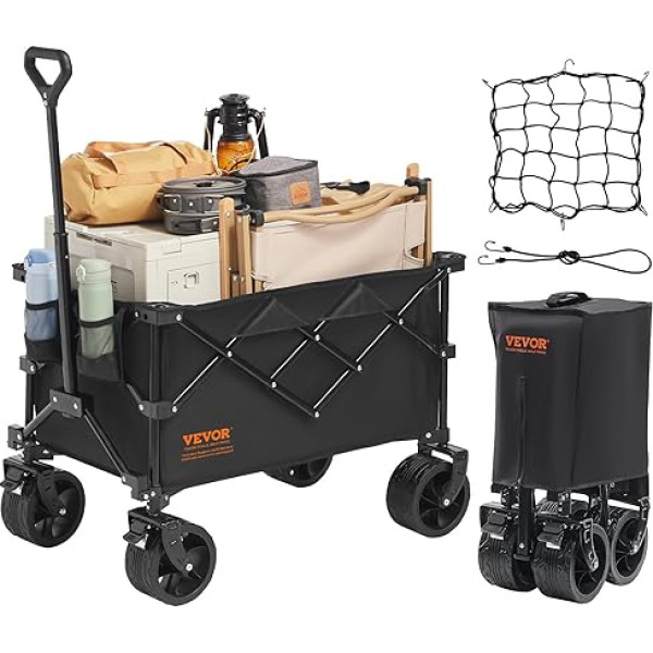 VEVOR Faltbare 113L Beach Terrain Räder, Heavy Duty Folding Cart Max 113.4 kg mit Getränkehaltern, Sportwagen für Camping, Einkaufen, Garten, Schwarz, 855x500x1070mm/33.66x19.69x42.13inch