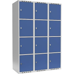 kaiserkraft | Schließfachschrank Fydor | 4 Fächer | lichtgrau/brillantblau | B 1200 mm | 3 Abteile | flache Dachform | Vorhängeschloss