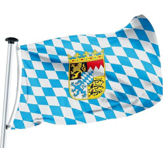 FLAGLY Premium Bavārijas rombveida karogs ar ģerboni, 100 x 150 cm, 115 g/m² auduma svars, apdrukāts, izturīgs, spīdīgs poliesteris ar cilpiņām, izturīgs pret laika apstākļiem (100 x 150 cm, Bavārijas rombveida karogs)