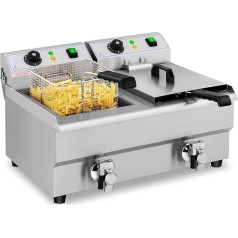 Royal Catering Fryer Nerūsējošā tērauda dubultā fritēze RCEF 10DB (2 x 3000 W, ietilpība: 2 x 10 L, temperatūras diapazons: 50-200 °C, aukstā zona, ar iztukšošanas krāniem)