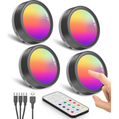 RGB LED prožektors ar akumulatoru un tālvadības pulti, melns USB uzlādējams displeja skapja apgaismojums Bezvadu apgaismojums zem skapja Virtuves apaļais krāsu maiņas skapja apgaismojums Magnētiskais plauktu apgaismojums