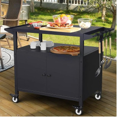 SEUNSHANY Āra BBQ galds ar uzglabāšanas vietu, pārvietojams BBQ ratiņi, āra virtuves salas sagatavošanas stacija, Blackstone grila statīvs, BBQ servēšanas ratiņi, ritošais bārs ar 4 trauku āķiem