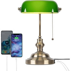 FIRVRE Zaļa stikla galda lampa, galda lampa, LED, klasiska retro galda lampa ar bezvadu lādētāju, USB nakts lampa ar uzlādes funkciju, antīkais metāla misiņš