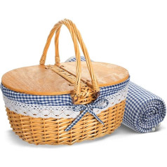 Skybooly Wicker Picnic Basket with Blanket Set, Vintage Picnic Basket with Lid and Handle, Classic Picnic Box, Sturdy Woven Body with Washable Lining, Picnic Accessories for Outdoor Camping