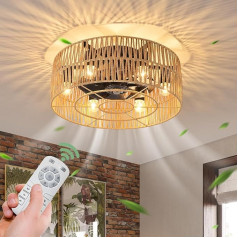 Ganeed griestu ventilatori ar apgaismojumu, industriālais stils, lauku mājas griestu ventilators, 50 cm, Boho rotangpalmas lampa, E27, iebūvēts vienā līmenī ar tālvadības pulti, melns, 6 gaismas