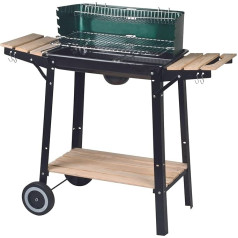 aro Charcoal Barbecue Trolley Steel/Wood 2 Grill Grates and 2 Side Shelves Wooden Handles with 2 Wheels Wind Protection Green