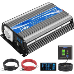 GIANDEL 1100 W pārveidots sinusoidālais invertors no 12 V uz 230 V sprieguma pārveidotājs ar LCD ekrānu un tālvadības pulti un divām 2,4 A USB ligzdām ES kontaktligzdām autofurgonam un vieglajam automobilim