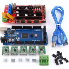 3D printera pamatplates komplekts, 3D printera kontrolieris, 3D printera RAMPS 1.4 kontrolieris + 1 plate R3+5 lodēti A4988 draiveri + 5 radiatori + 1 USB kabelis + 15 džemperi, Arduino RepRap 3D printerim