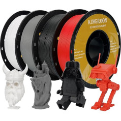 Kingroon PLA filaments 3D printerim, melns + balts + pelēks + sarkans PLA filaments PLA 3D printerim, izmēru precizitāte +/- 0,03 mm, 4 kg spole, 1,75 mm, 4 ruļļi PLA filaments