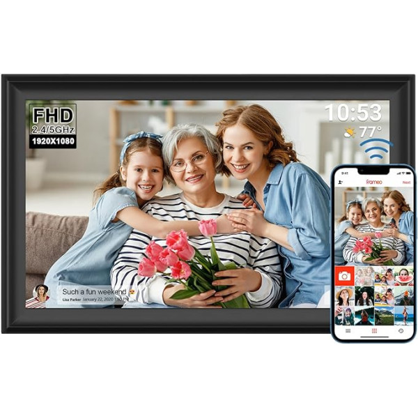 FRAMEO 15,6 collu digitālais foto rāmis WiFi 64 GB 1920 x 1080 FHD IPS skārienjūtīgais ekrāns, automātiska rotācija Pie sienas piestiprināts kustības sensors Fotogrāfiju/video kopīgošana, izmantojot Frameo lietotni