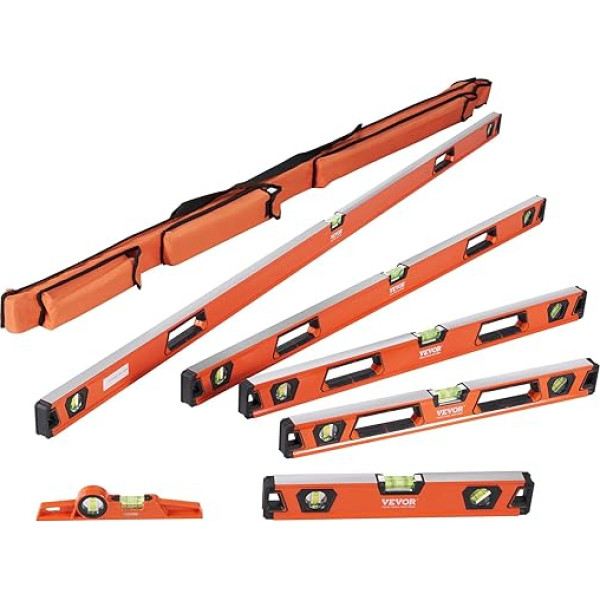 VEVOR Spirit Level Alumīnija magnētiskais spirta līmeņrādis 1980/1222/915/610/411/249 mm 3 līmeņrāži 45 grādu leņķim, horizontāli un vertikāli 0,5 mm/m ar neilona uzglabāšanas maisiņu Profesionāls spirta līmeņrāžu komplekts