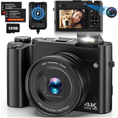 4K digitālā kamera Dual Camera 64MP automātiskā fokusēšana Vlogošanas foto kamera ar 32GB atmiņas karti, kompakta kamera pusaudžiem un iesācējiem, pret satricinājumiem, 16X digitālais tālummaiņa, 2 baterijas un lādētājs