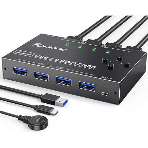 USB 3.0 slēdzis 4 datoriem, MLEEDA USB slēdzis 4 ieejas un 4 izejas, USB KVM slēdzis tastatūrai, pelei, printerim, ar vadu tālvadības pulti un 4 USB 3.0 kabeļiem