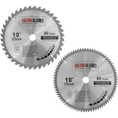 Saxton TCT cirkulārā zāģa asmenis kokam 255 mm x 40 & 80T x 25,4 mm ar diametru Piemērots Evolution Rage zāģiem (2 gab. iepakojumā)