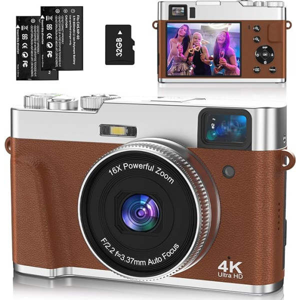 4K digitālā kamera, NEZINI 48MP autofokusa fotokamera ar 32GB karti, optiskais skatu meklētājs, 16x tālummaiņa, kompaktā kamera ar akumulatoru iesācējiem un pusaudžiem