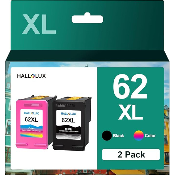 HALLOLUX 2 iepakojuma 62XL 62 XL daudzpaku printeru kasetnes, kas ir saderīgas ar HP 62 printeru kasetnēm Envy 5540 5544 5545 5548 5640 5646 7640 OfficeJet 200 5740 5742 5744 printeriem (melna krāsa)