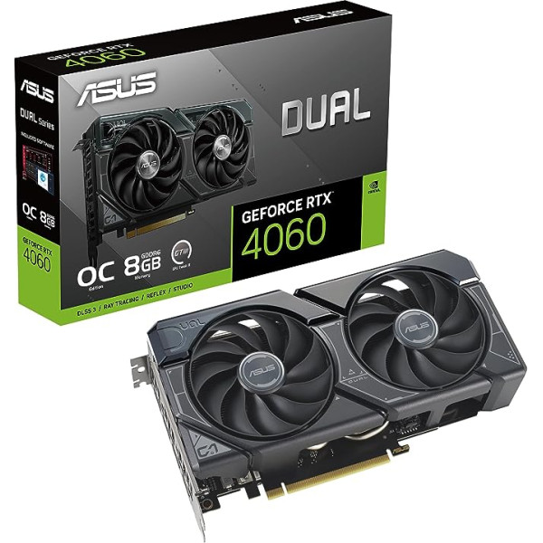 ASUS Dual GeForce RTX 4060 OC Edition 8 GB GDDR6 spēļu grafiskā karte Black (NVIDIA RTX4060 DLSS3, PCIe 4.0, 1 x HMDI 2.1a, 3 x DisplayPort 1.4a, DUAL-RTX4060-O8G)