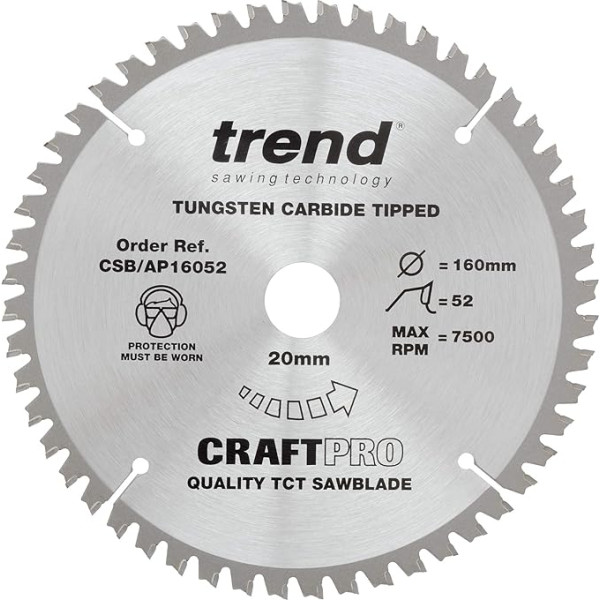 Trend Aluminium & Kunststoff Kreissägeblatt, 160mm Durchmesser, 20mm Bohrung, 52 Zähne, HW, 2,2mm Schnittbreite, -6° Haken, CSB/AP16052