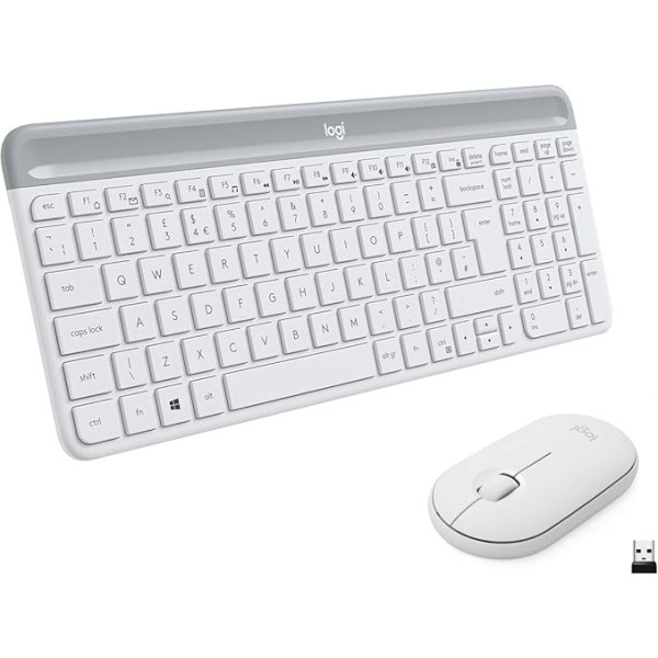 Logitech MK470 Combo Slim bezvadu tastatūras un peles komplekts, 2,4 GHz savienojums, izmantojot nano USB uztvērēju, 10 m diapazons, 18 mēnešu akumulatora darbības laiks, PC / klēpjdators, UK QWERTY izkārtojums - balta / White