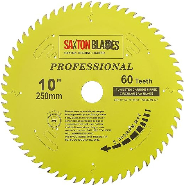 Saxton TCT25060TPRO profesionālās sērijas ripzāģa asmens 250mm 60T x 30mm urbums 16, 20, 25mm un 25,4mm samazinājuma gredzeni, saderīgs ar Bosch Makita Dewalt