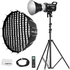 Godox SL60II-D LED video gaismas 70 W nepārtrauktās gaismas komplekts ar Bowens stiprinājumu ar lietotni un tālvadības pulti + PS60 apaļais softboksa komplekts ar šūnveida režģi, gaismas statīvs